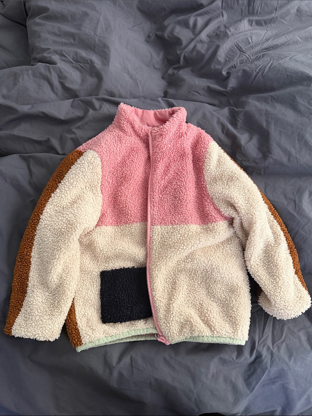Andy & Evan Pink, Cream and Brown Colorblock Sherpa Jacket, Reversible